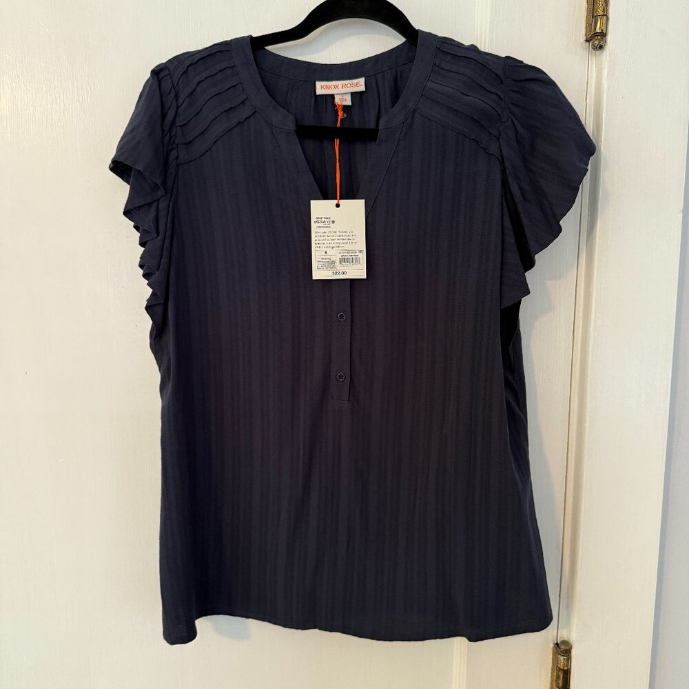 Knox Rose Fluter Sleeve button front blouse NAVY Size S NWT